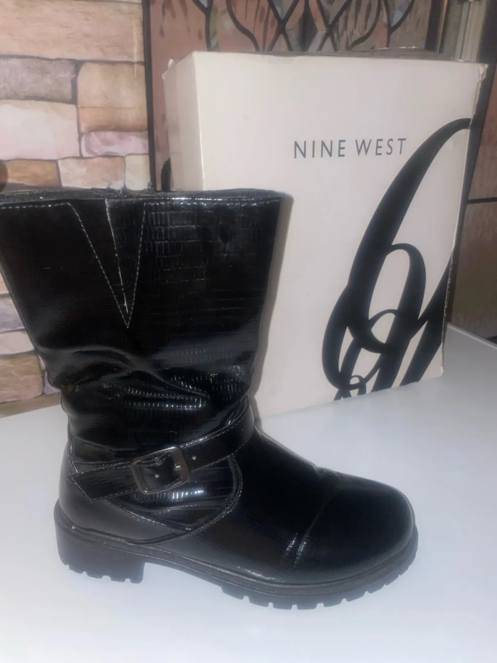 Nine West Black Patent Harness Mid-Calf Boots with Buckle